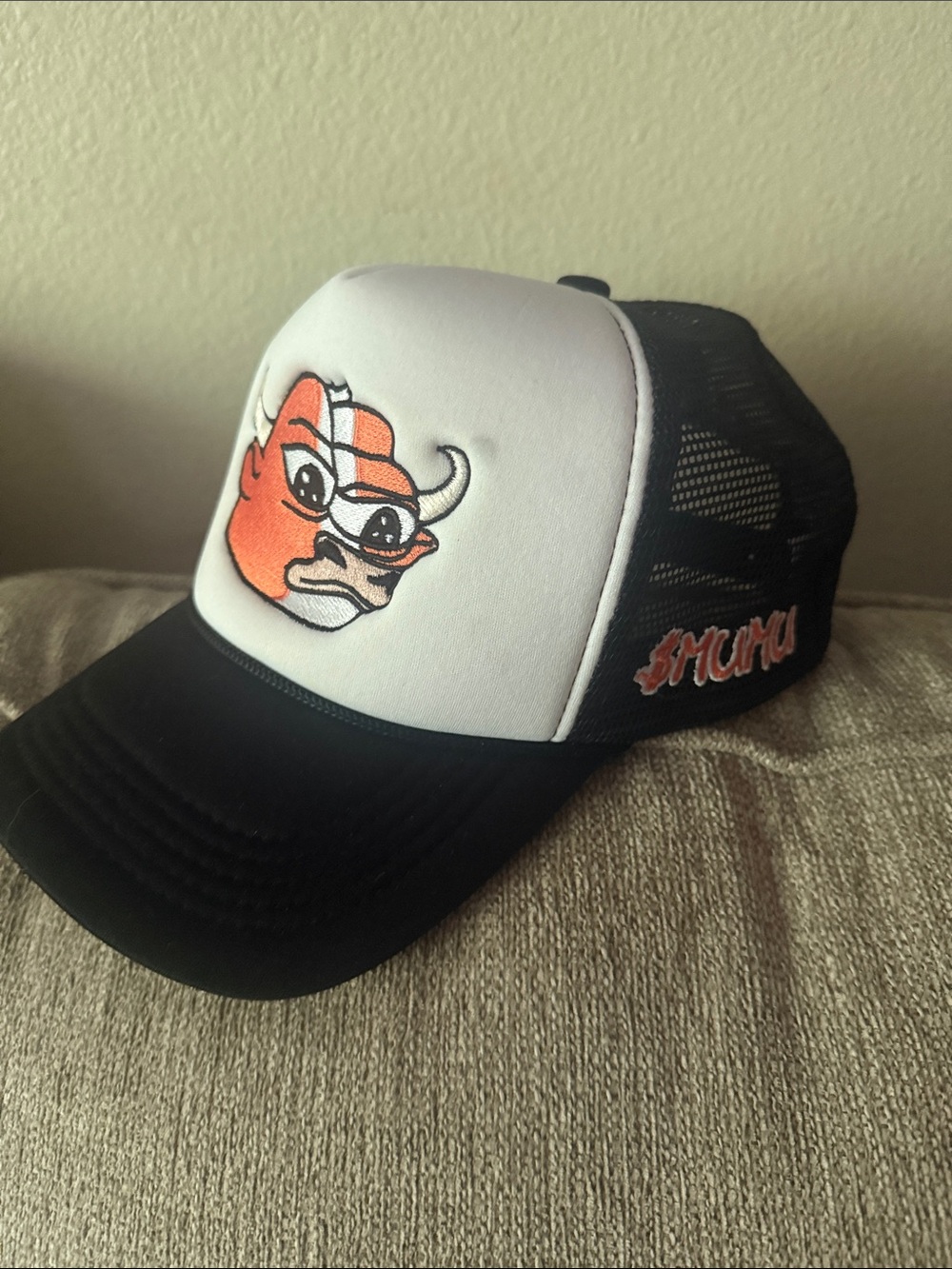 Mumu crypto coin Black & White Trucker Cap with Orange Graphic